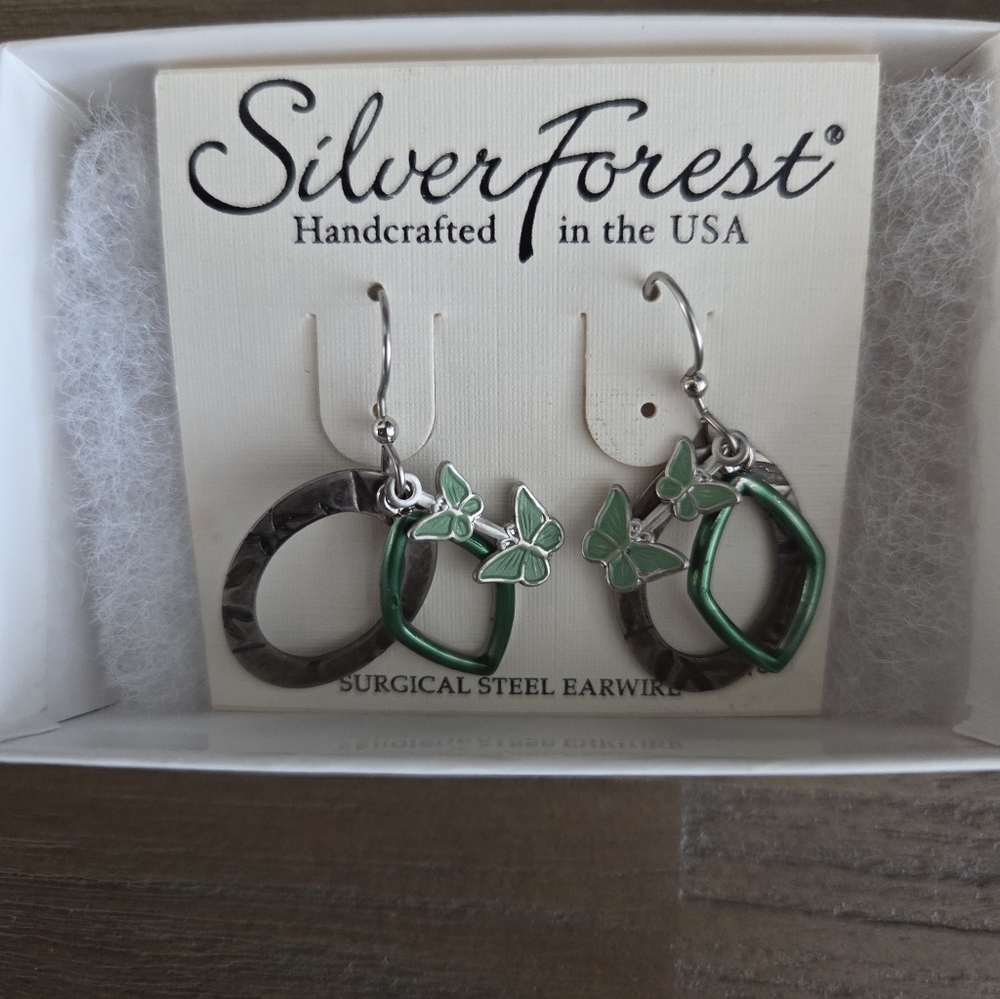 Silver Forest Green and Silver Butterfly Earrings